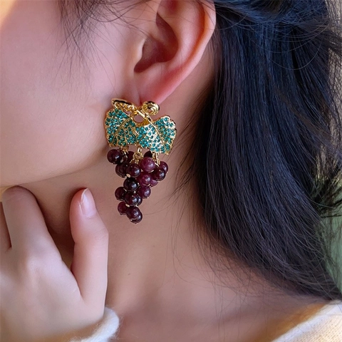 Orecchini Spilla A Grappolo D'uva Con Perno In Argento Sterling 925 E Foglia Di Strass Gioielli Retro Frutta Per Donne