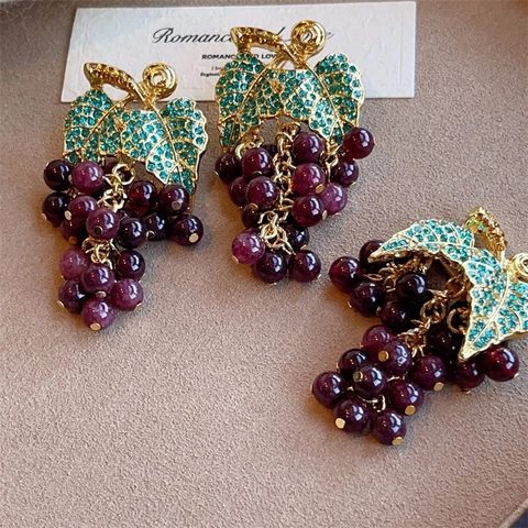Orecchini Spilla A Grappolo D'uva Con Perno In Argento Sterling 925 E Foglia Di Strass Gioielli Retro Frutta Per Donne