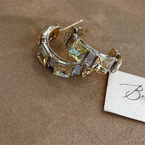 Legierung Zirkon C-Hoop Ohrringe Geometrisches Quadrat Nische Design Mit 925 Sterling Silber Ohrstecker Für Frauen