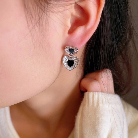 Französische Vintage Doppelherz Ohrstecker Mit Zirkon Und Schwarzem Emaille 925 Sterling Silber Ohrringpfosten Für Damen