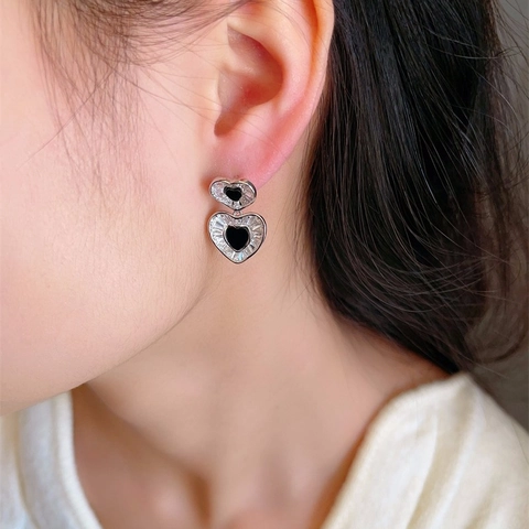 Französische Vintage Doppelherz Ohrstecker Mit Zirkon Und Schwarzem Emaille 925 Sterling Silber Ohrringpfosten Für Damen
