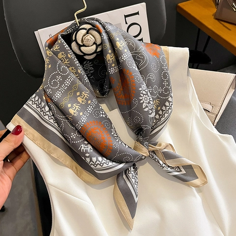 Mulberry Satin Scarf Twill Square Neck Scarf Paisley Elephant Print Ethnic Elegant Head Wrap For Women