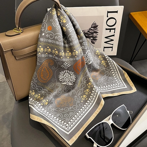 Mulberry Satin Scarf Twill Square Neck Scarf Paisley Elephant Print Ethnic Elegant Head Wrap For Women