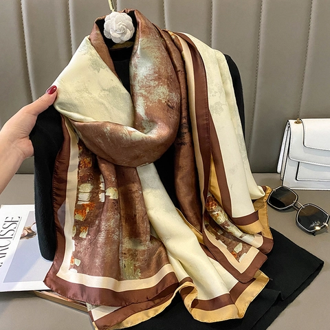 Sciarpa Scialle Donna Imitazione Raso Stampa Pittura Ad Olio Astratta Lunga Elegante Moda Morbida