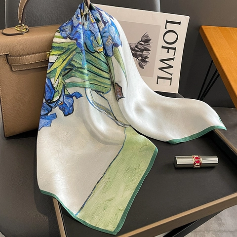 Foulard Quadrato In Raso Raso Di Gelso Crepe Satin Stampa Famoso Dipinto Ad Olio Vintage Elegante Artistico Per Donna