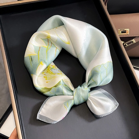 Pure Mulberry Satin Square Scarf Lotus And Koi Fish Print Elegant Satin Neckerchief For Women Chinese Style Accessory