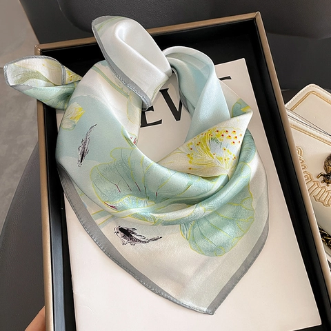Pure Mulberry Satin Square Scarf Lotus And Koi Fish Print Elegant Satin Neckerchief For Women Chinese Style Accessory