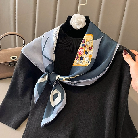 Fashionable Faux Satin Square Scarf With Vintage Jewelry And Artificial Pearl Pattern Decorative Neck Wrap For Women Elegant Headband