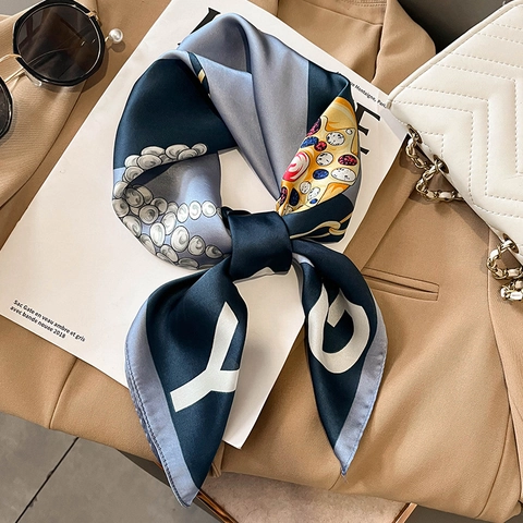 Fashionable Faux Satin Square Scarf With Vintage Jewelry And Artificial Pearl Pattern Decorative Neck Wrap For Women Elegant Headband