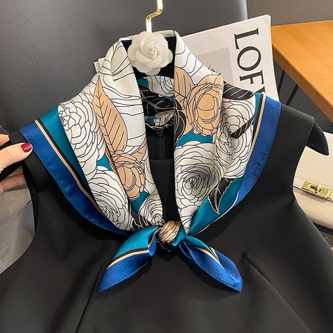 Mulberry Satin Square Scarf Camellia Flower Print Elegant Decorative Neck Wrap Fashionable Shawl For Women