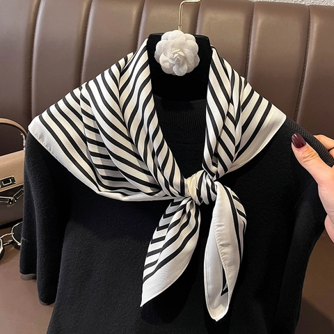 Striped Polyester Satin Satin Feel Square Scarf Women Fashion Neck Scarf Hair Wrap For Commute Elegant Soft Shawl