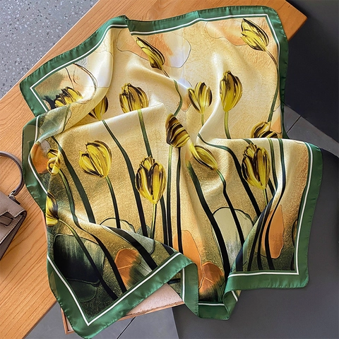 Pañuelo Cuadrado De Satén Con Estampado De Tulipán Para Mujer Vintage Floral Bandana Para El Cabello Decorativo
