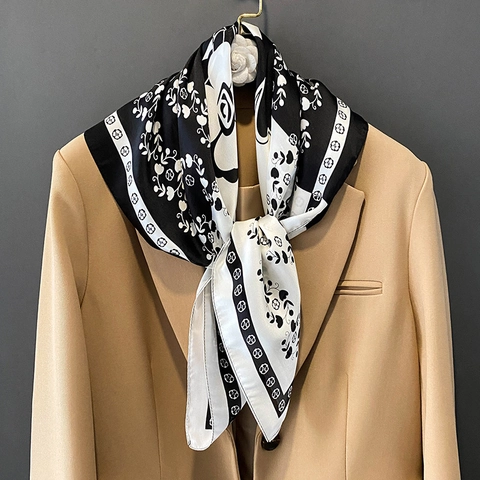Pañuelo De Satén Cuadrado Con Estampado De Camelia Negro Blanco Satén Corbata Diadema Para Mujeres Elegante Profesional