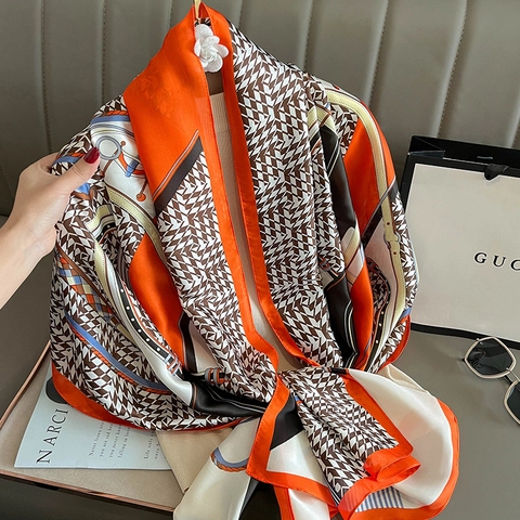 Women Satin Feeling Scarf Shawl Equestrian Horse Chain Print French Elegant Houndstooth Retro Large Wrap