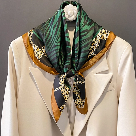 Modischer Quadratischer Schal Leoparden Zebra Muster Polyester Satin Eleganter Leichter Halstuch Für Damen