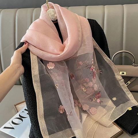 Bufanda Elegante Para Mujer Mezcla De Satén Lana Con Bordado Floral Y Borde Metálico Patchwork De Organza Chal Largo
