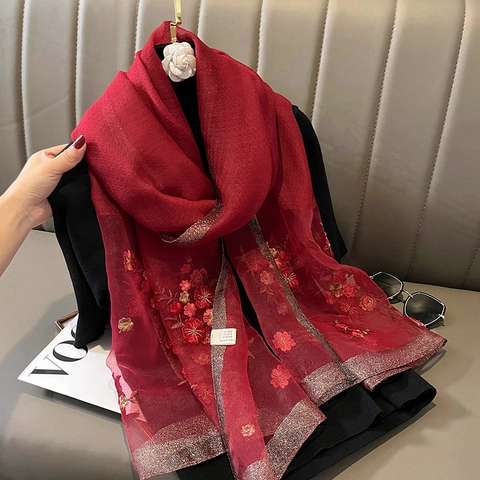 Bufanda Elegante Para Mujer Mezcla De Satén Lana Con Bordado Floral Y Borde Metálico Patchwork De Organza Chal Largo