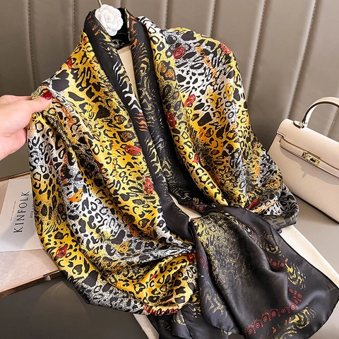 Sciarpa In Raso Artificiale Da Donna Stampa Leopardata Paisley Scialle Lungo Satin Sfumato Stola