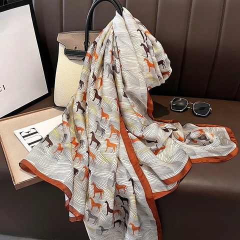 Sciarpa Scialle Stampa Cavallo Equestre Retro Raso Sintetica Satin Caldo Autunno Inverno Elegante Moda Donna Accessorio