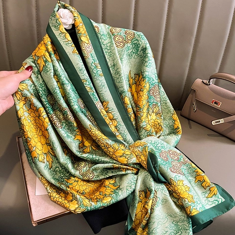 Großer Mode Schal Umhang Simulation Satin Polyester Blumenmuster Retro Chinesischer Stil Leicht Weich Halswickel Damen