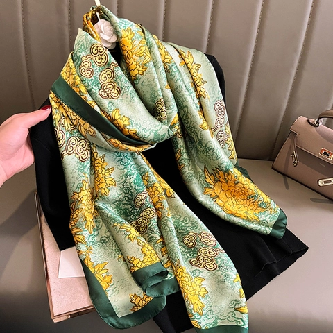 Großer Mode Schal Umhang Simulation Satin Polyester Blumenmuster Retro Chinesischer Stil Leicht Weich Halswickel Damen