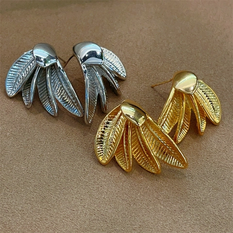 Exaggerated Banana Leaf Stud Earrings For Women Retro Elegant Jewelry With 925 Sterling Silver Earring Post Copper Plated