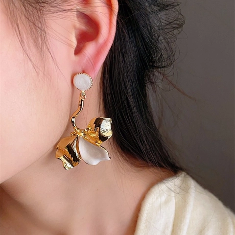 Blumen Hängeohrringe Statement Lang Übertrieben Legierung Weißer Emaille Mit 925 Sterling Silber Ohrstecker Für Damen