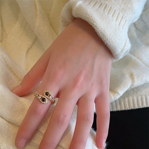 Snake Shaped Open Ring Copper Tiger Eye Stone Micro Pave Zircon Retro Unique Design Adjustable Luxury Jewelry For Women
