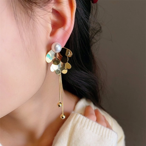 Flower Tassel Dangle Earrings French 18K Gold Plated Copper Faux Artificial Pearl With 925 Sterling Silver Earring Post