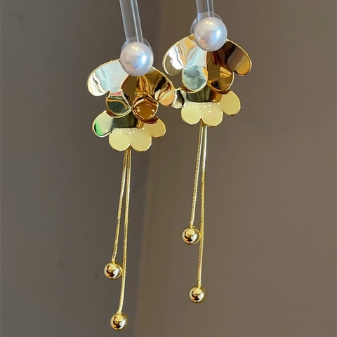 Flower Tassel Dangle Earrings French 18K Gold Plated Copper Faux Artificial Pearl With 925 Sterling Silver Earring Post