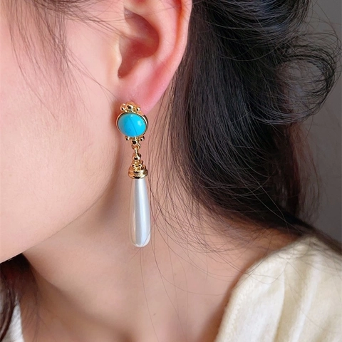 Vintage Lange Ohrhänger Mit Kunstperle Türkis Und 925 Sterling Silber Ohrstecker Light Luxury Neo-Chinese Stil
