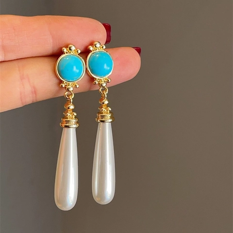 Vintage Lange Ohrhänger Mit Kunstperle Türkis Und 925 Sterling Silber Ohrstecker Light Luxury Neo-Chinese Stil