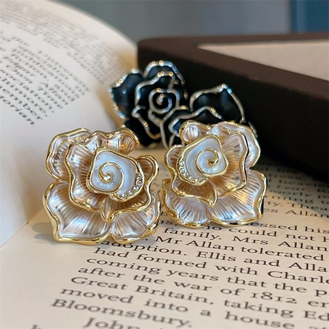 Vintage Camellia Flower Stud Earrings Alloy Enamel With 925 Sterling Silver Earring Post Rhinestone Elegant For Women