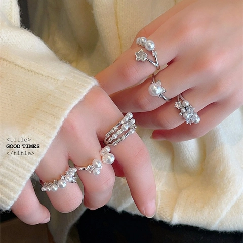 Stern Zirkon Künstliche Perle Verstellbarer Offener Ring Kupfer Eleganter Französischer Stil Schmuck Für Frauen
