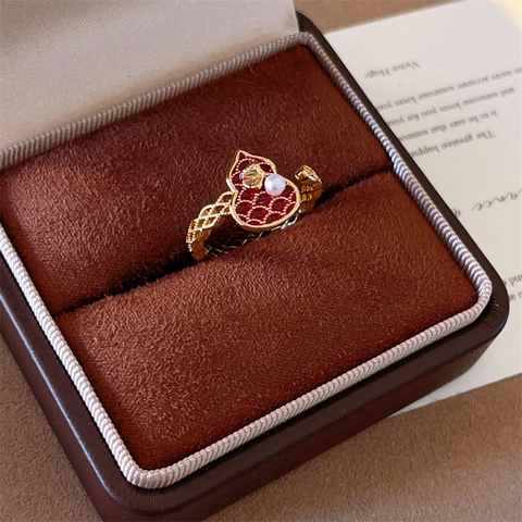 Adjustable Copper Ring Red Enamel Wu Lou Gourd Artificial Pearl Zircon Vintage Retro New Chinese Style Women Jewelry