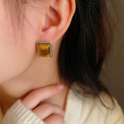 Boucles D Oreilles Géométriques En Pierre Oeil De Tigre Vintage Rectangulaires Style Maillard Bijoux Femme Avec Tige En Argent 925