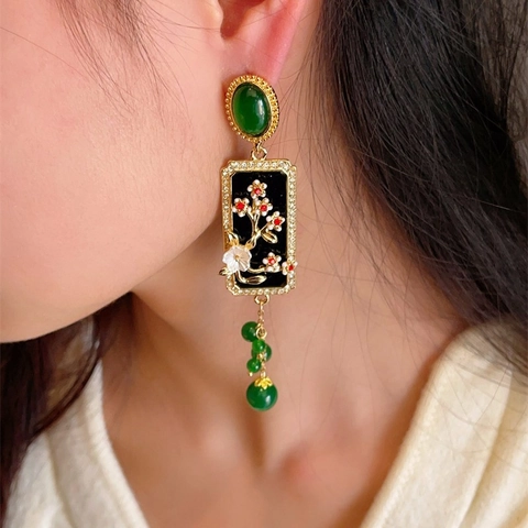 Vintage Chinese Style Floral Square Plate Tassel Dangle Earrings Alloy Enamel With 925 Sterling Silver Earring Post Women