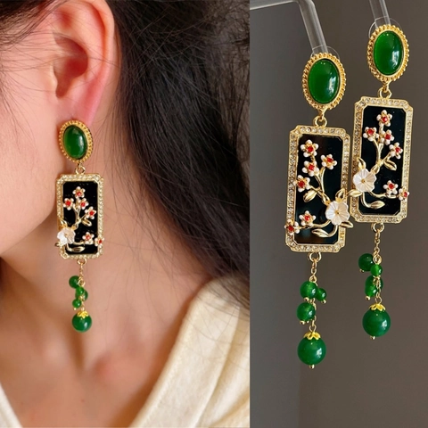 Vintage Chinese Style Floral Square Plate Tassel Dangle Earrings Alloy Enamel With 925 Sterling Silver Earring Post Women