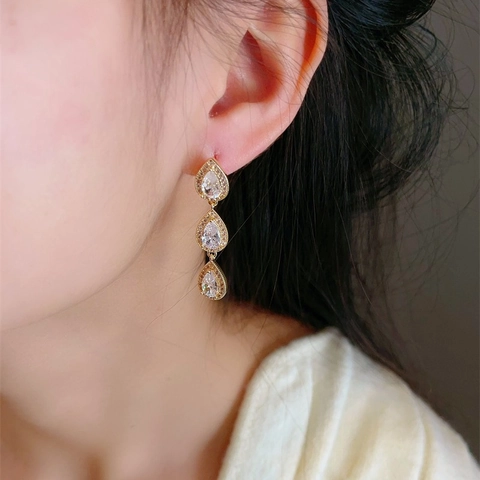 Boucles D'oreilles Pendantes Triple Goutte D'eau Zircone Bijoux De Banquet De Luxe Avec Tige En Argent 925