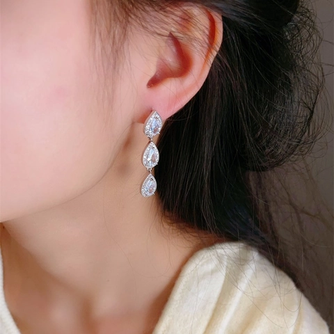 Boucles D'oreilles Pendantes Triple Goutte D'eau Zircone Bijoux De Banquet De Luxe Avec Tige En Argent 925
