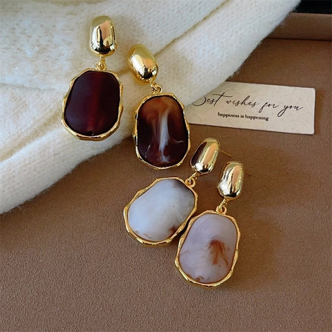 Orecchini A Goccia Ovali Irregolari In Resina Lega Placcata Oro Con Perno In Argento 925 Stile Marmo Per Donna