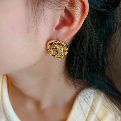 Spiral Flower Stud Earrings Hammered Lava Texture Vintage Luxury Jewelry For Women With 925 Sterling Silver Earring Post