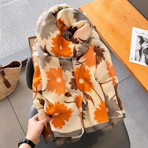 Sciarpa Grande Con Stampa Floreale Cotone Lino Moda Scialle Caldo Per Donna Leggero Morbido Accessorio Versatile