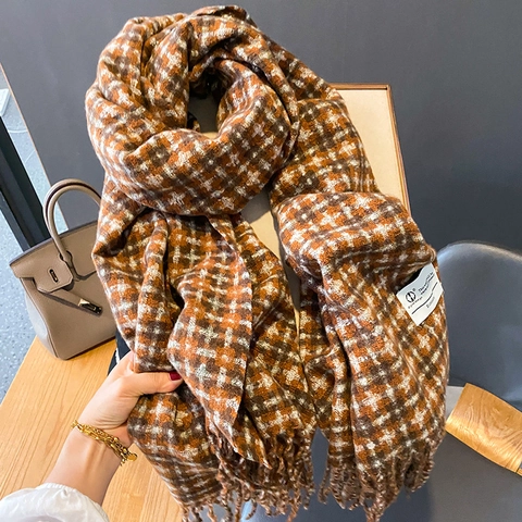 Sciarpa A Quadri Imitazione Cashmere Morbida Calda Spessa Scialle Invernale Con Nappe Per Donna
