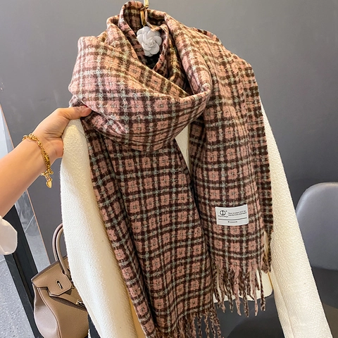 Sciarpa A Quadri Imitazione Cashmere Morbida Calda Spessa Scialle Invernale Con Nappe Per Donna