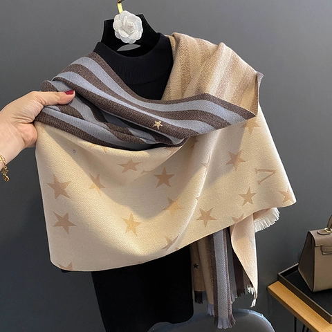 Double Sided Scarf Shawl Imitation Cashmere Star Stripe Pattern Warm Thickened Tassels Casual Winter Neck Warmer Women