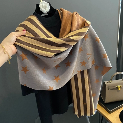 Double Sided Scarf Shawl Imitation Cashmere Star Stripe Pattern Warm Thickened Tassels Casual Winter Neck Warmer Women