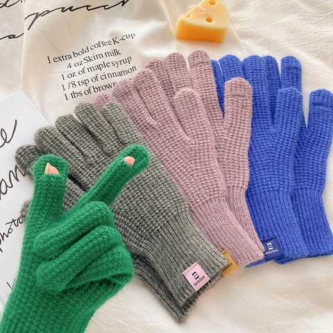 Women Winter Knitted Wool Gloves Warm Waffle Texture Touch Screen Open Finger Mittens Outdoor Solid Color Accessories