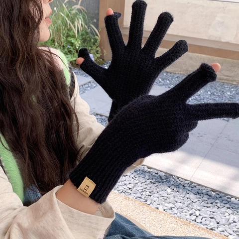Women Winter Knitted Wool Gloves Warm Waffle Texture Touch Screen Open Finger Mittens Outdoor Solid Color Accessories