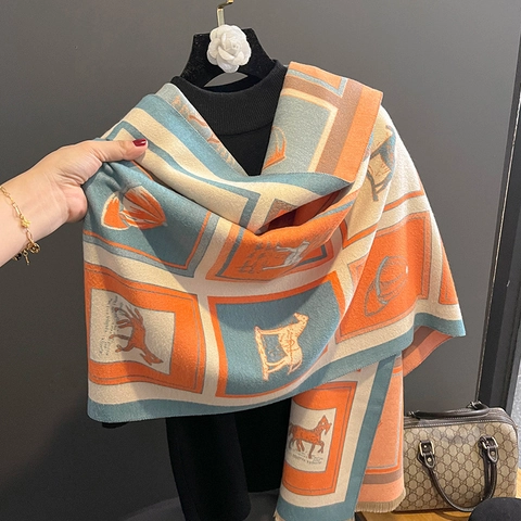 Écharpe Châle Imprimé Carrosse Cheval Imitation Cachemire Épais Chaud Gland Style Équestre Pour Femmes